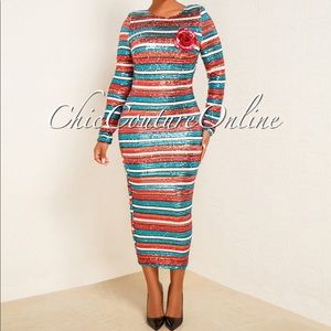 Multi Color Sequins Rose Detail Midi Dress